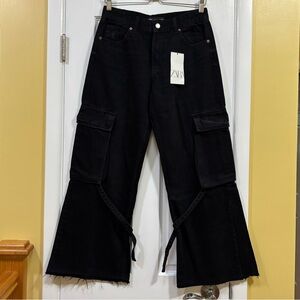Zara Black Flare Wide Leg Cargo Jeans